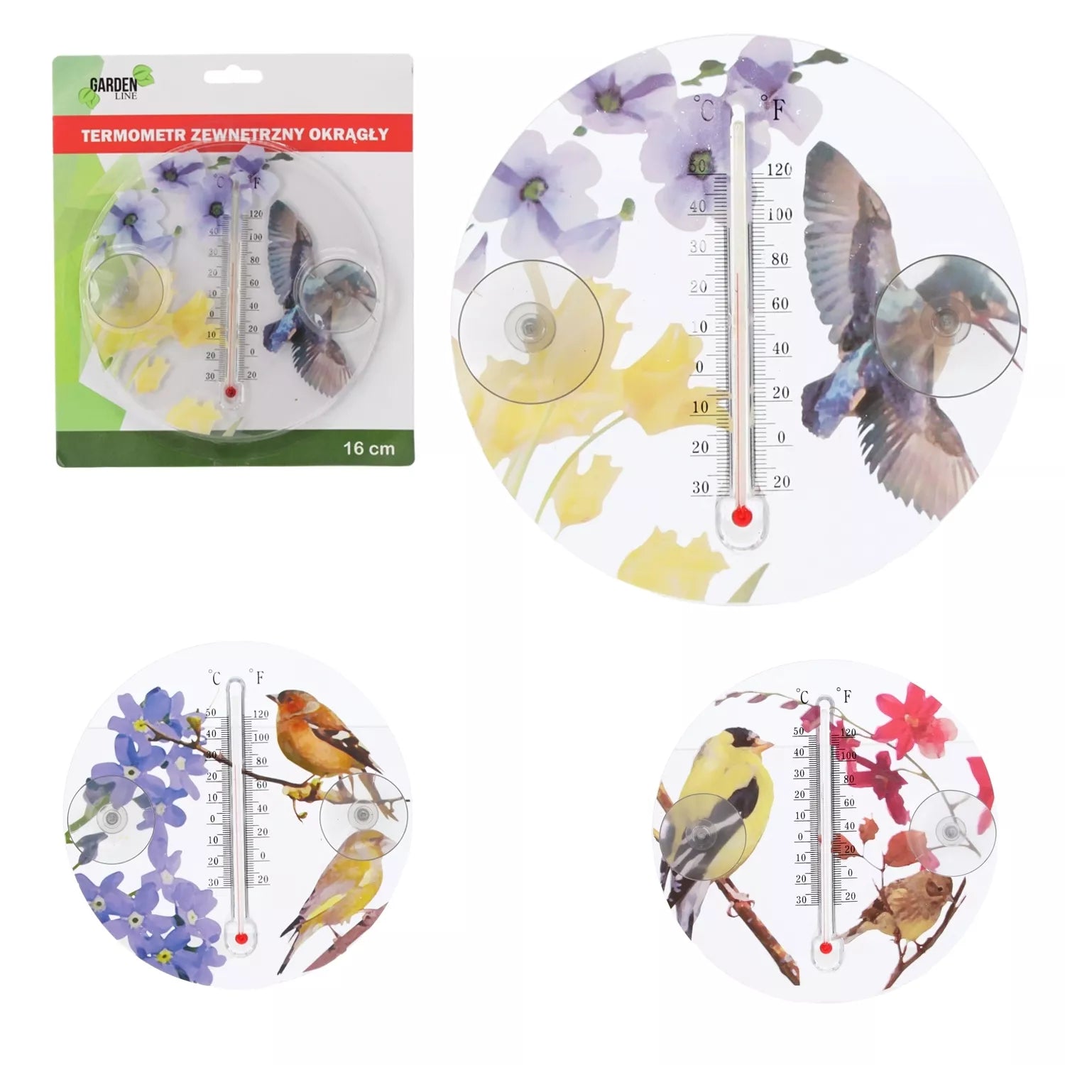 Apvalus lauko termometras su dekoratyviniu paukščių motyvu