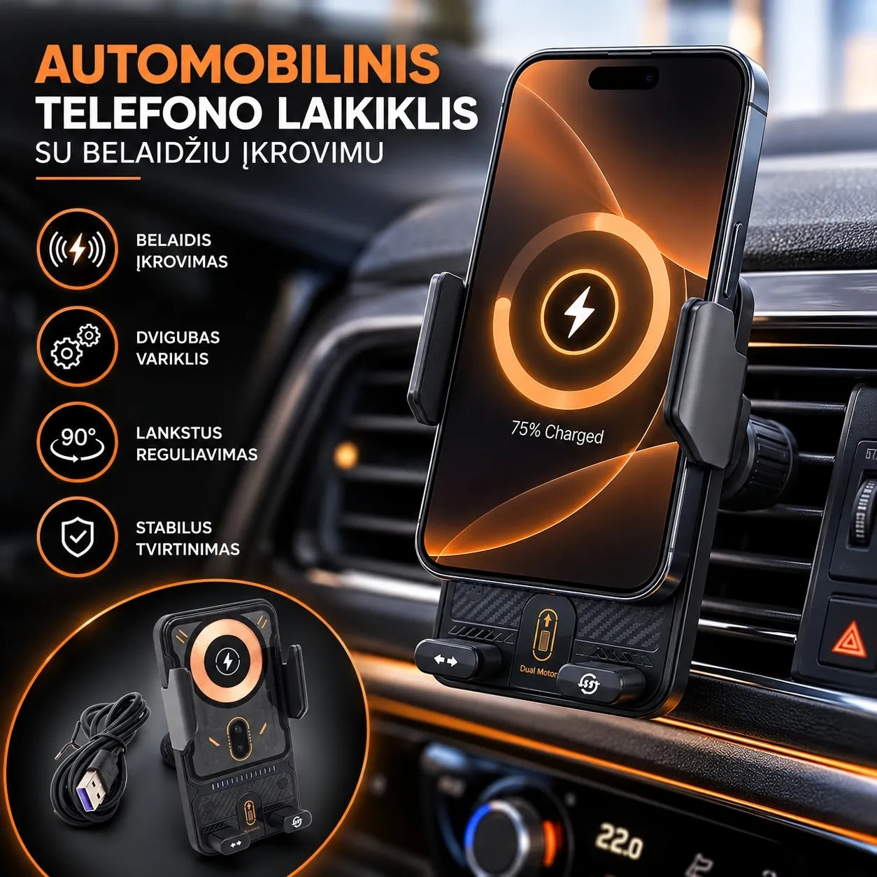 Automatinis automobilinis telefono laikiklis su belaidžiu įkrovimu TR2478C