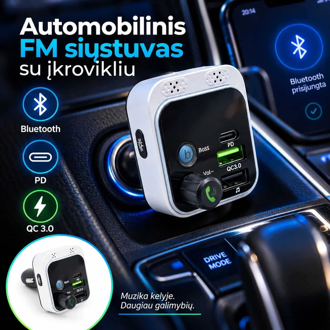 Automobilinis Bluetooth FM siųstuvas su įkrovikliu TR2477A