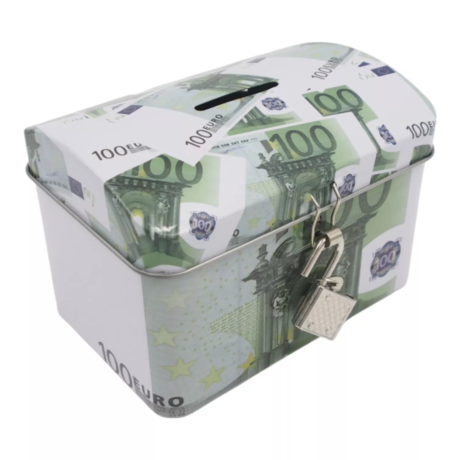 Metalinis taupyklės seifas su spynelė ir euro banknotų dizainu