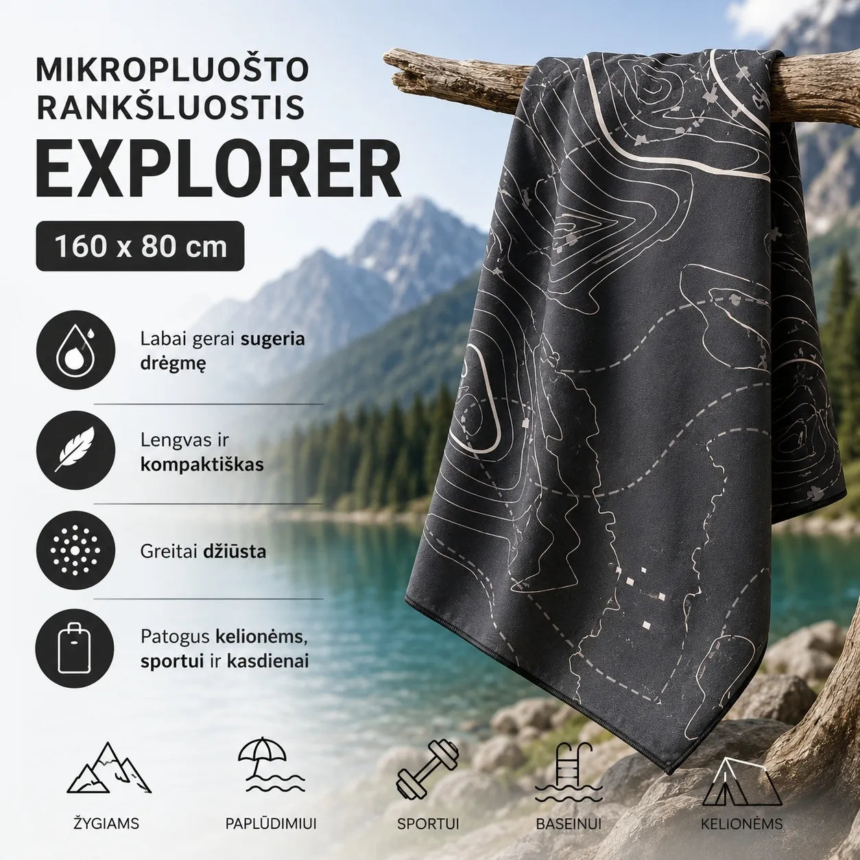 Mikropluošto rankšluostis „Explorer“ 160 x 80 cm