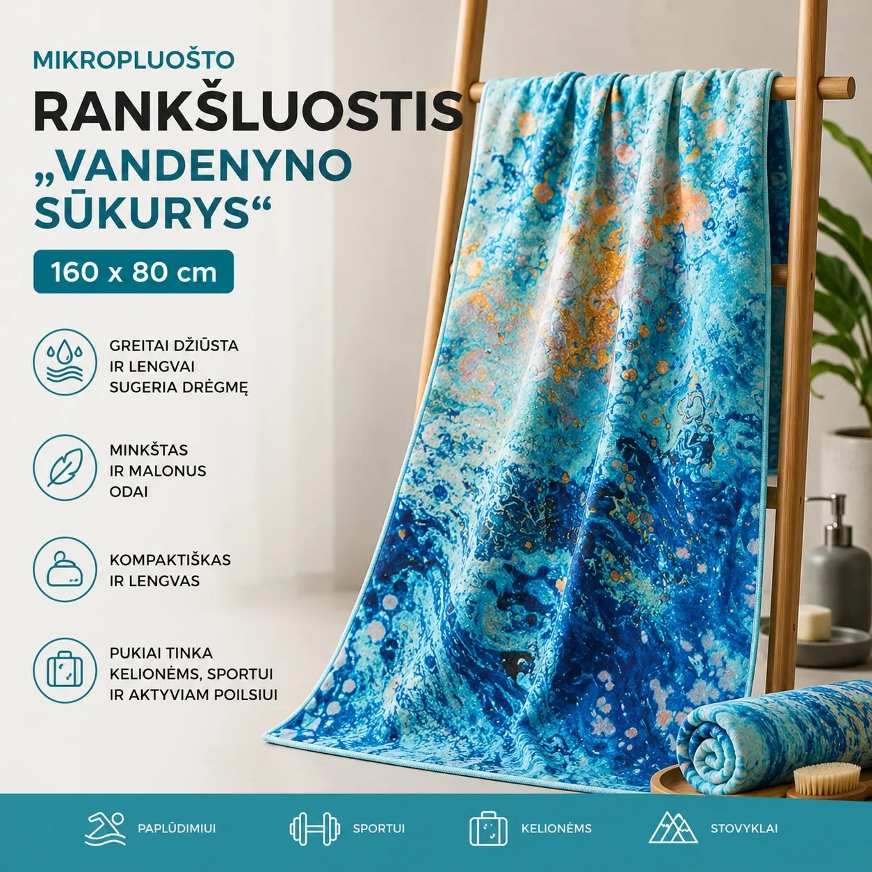 Mikropluošto rankšluostis „Vandenyno sūkurys“ 160 x 80 cm