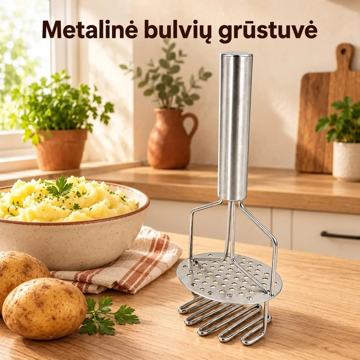 Nerūdijančio plieno bulvių grūstuvas