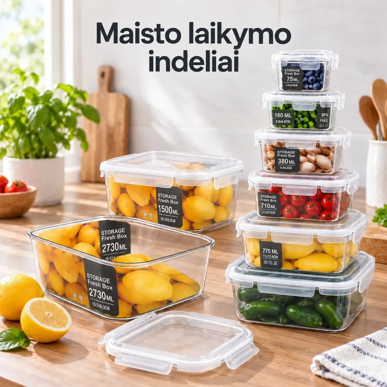 Plastikinių maisto laikymo indų rinkinys su dangčiais (6 vnt.) TR2358B