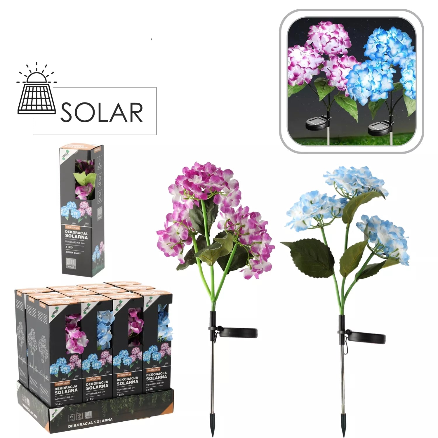 Saulės energija maitinama dekoratyvinė LED lempa „Hortenzija“, 68 cm