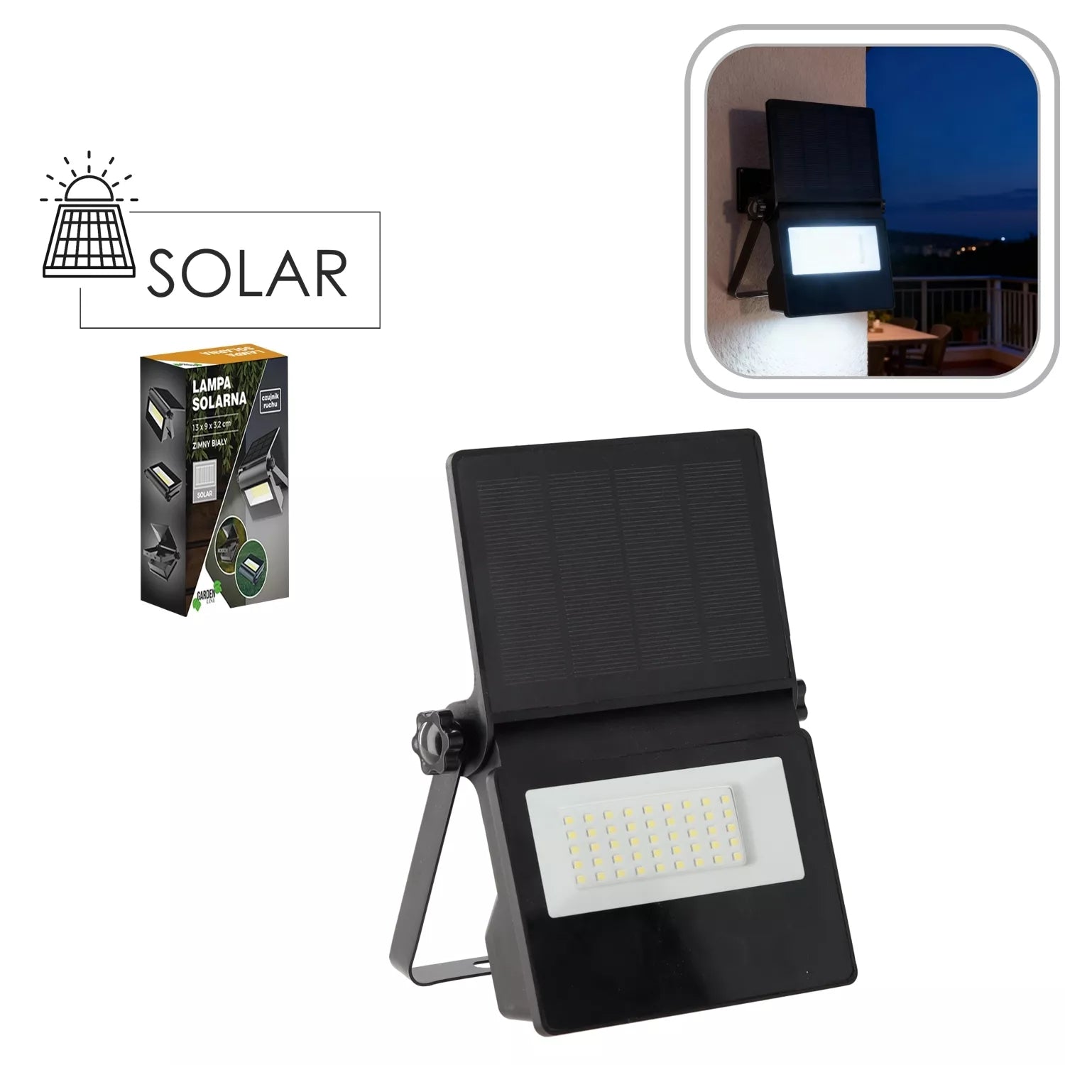 Saulės energija maitinama LED lempa su judesio jutikliu, 45 LED