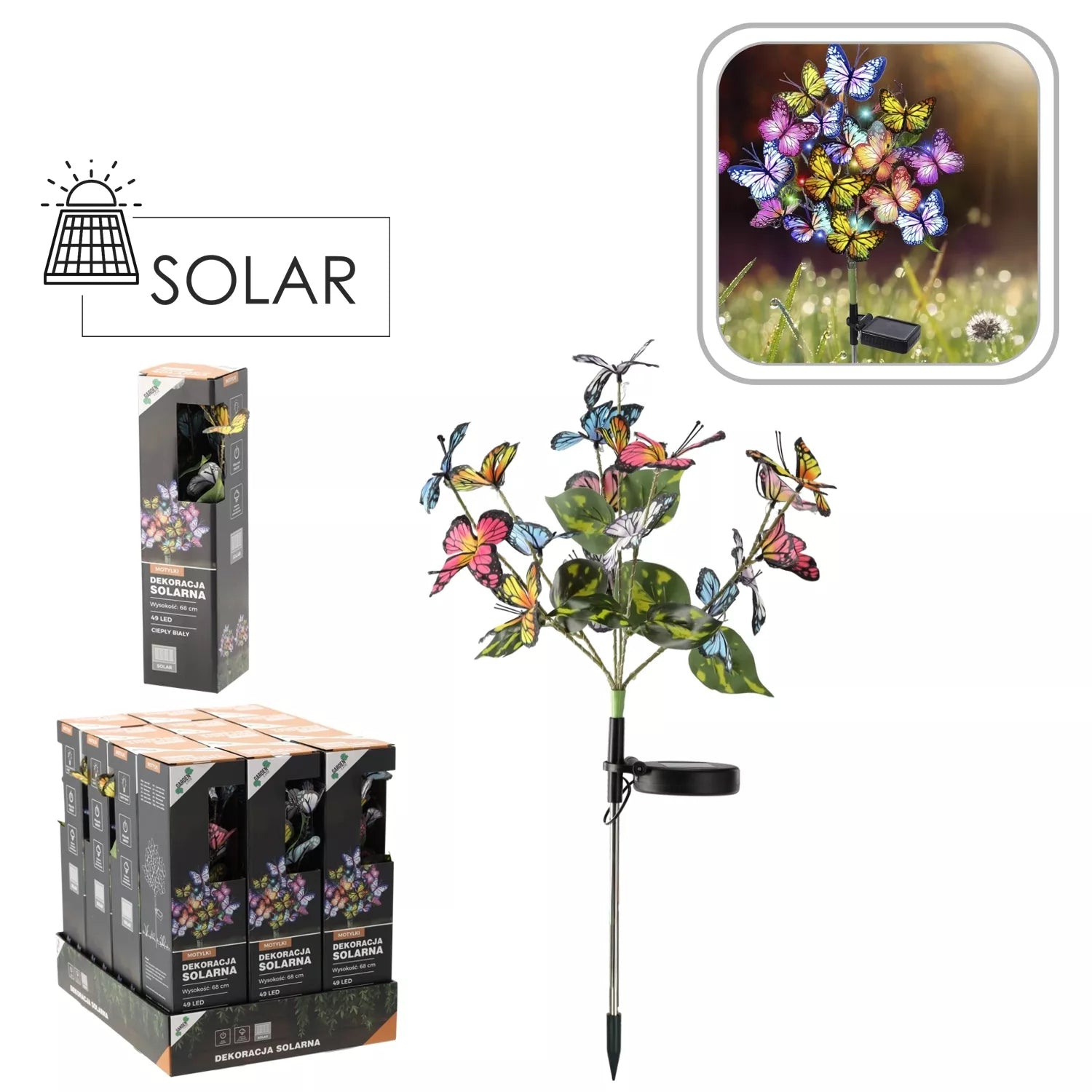 Saulės energija maitinama sodo dekoracija su LED drugeliais, 68 cm