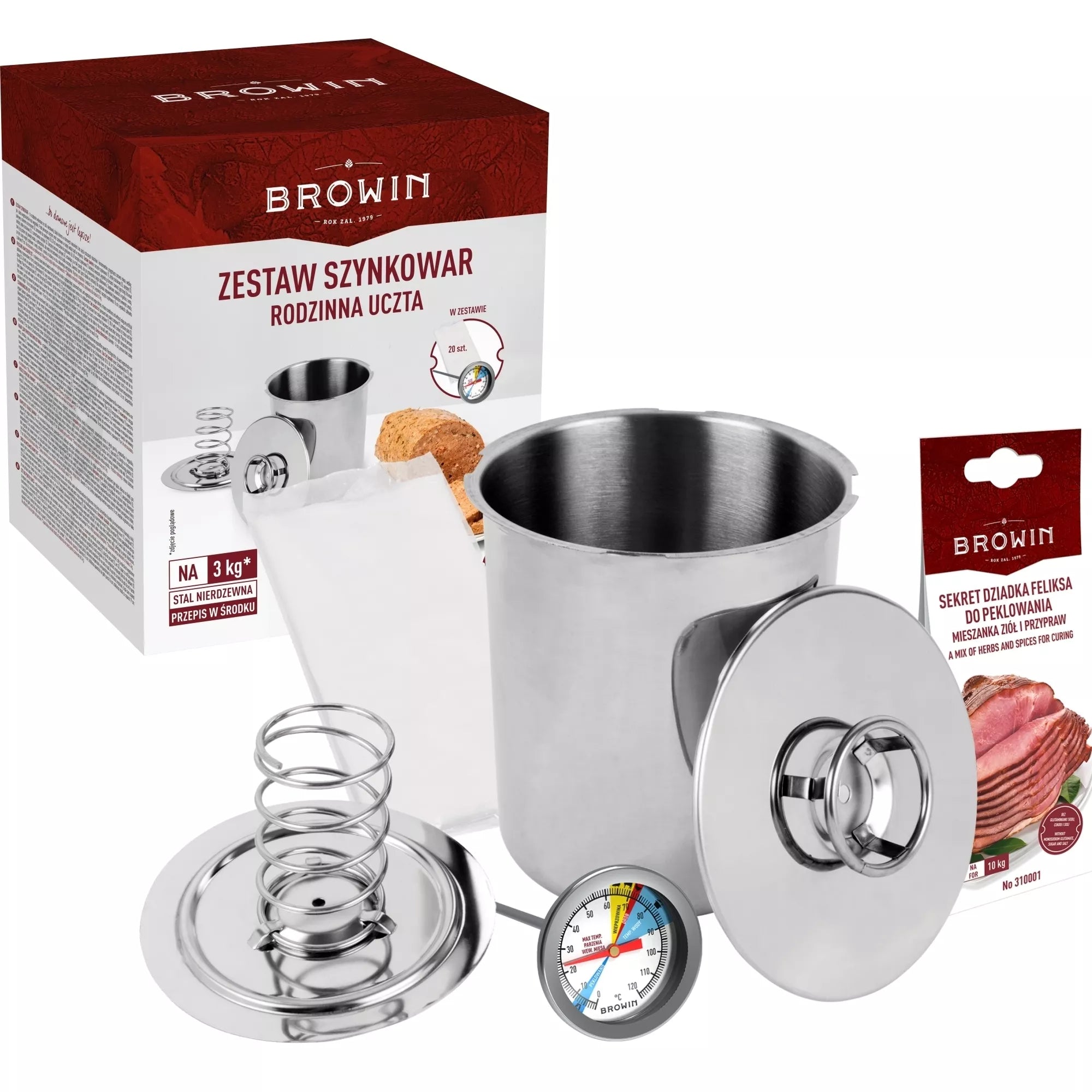 Slėginė kumpio viryklė 3 kg su termometru, maišeliais ir prieskoniais