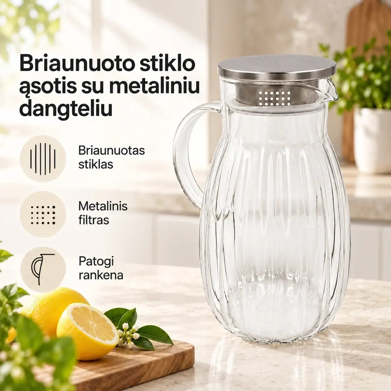 Stiklinis ąsotis su metaliniu dangteliu 1800 ml