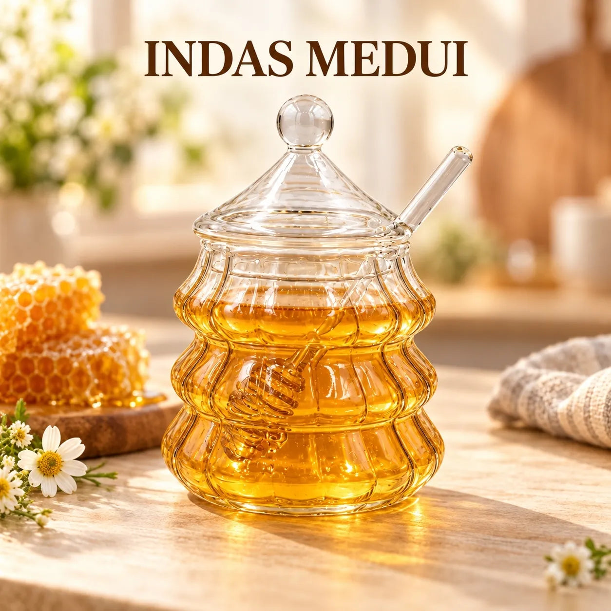 Stiklinis indelis medui su šaukšteliu 480 ml